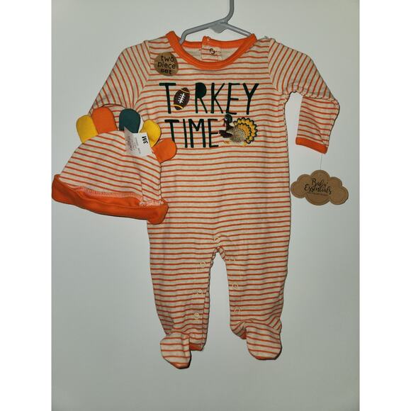 Baby Essentials Turkey Time Striped Footed Romper & Hat Set Orange Thanksgiving - Picture 1 of 7